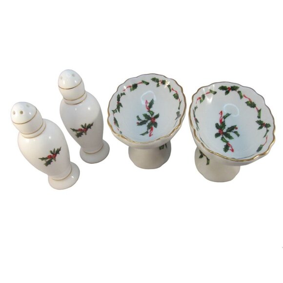 Lefton China Holly Salt Pepper Shakers and 2 Pedestal Candy Nut Dish Set - Picture 2 of 11